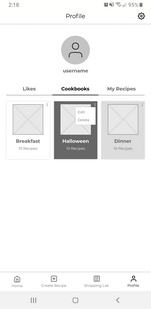 A wireframe of a user profile cookbook section.