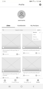 A wireframe a user profile likes section.