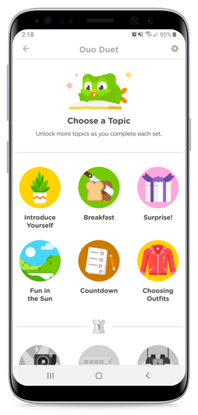 A high-fidelity mockup of Duolingo chatbot topics.