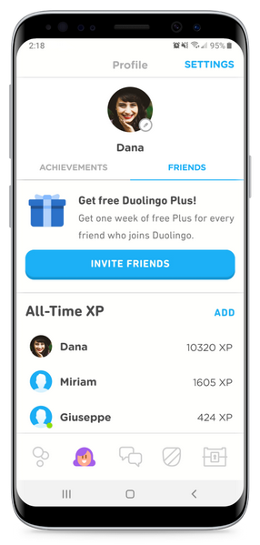 A high-fidelity mockup of the Duolingo friend list.