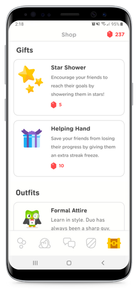 A high-fidelity mockup of the Duolingo shop.