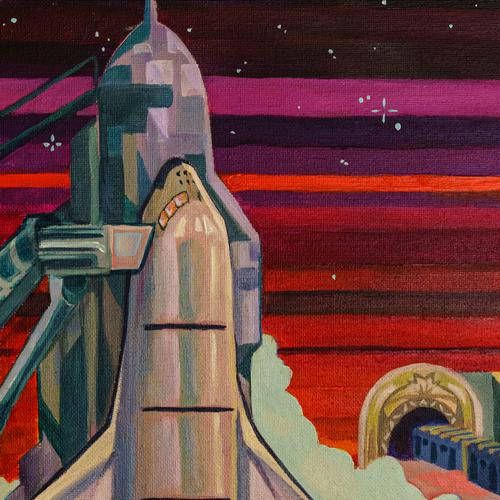 Painting of a spaceship and subway train.