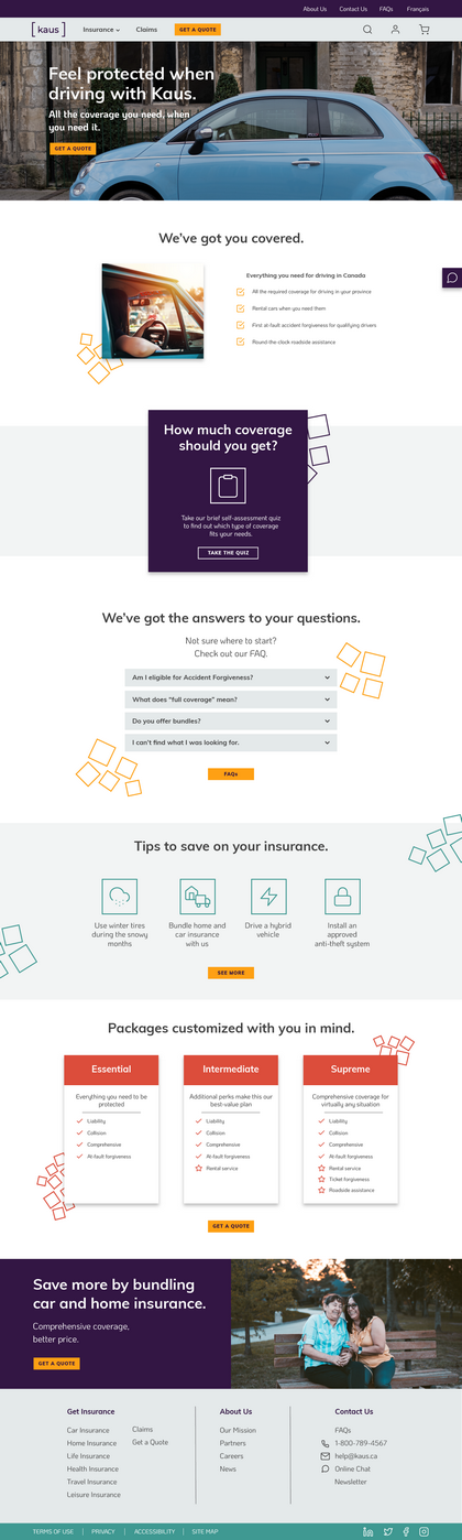 A high fidelity version of the Kaus car insurance page.