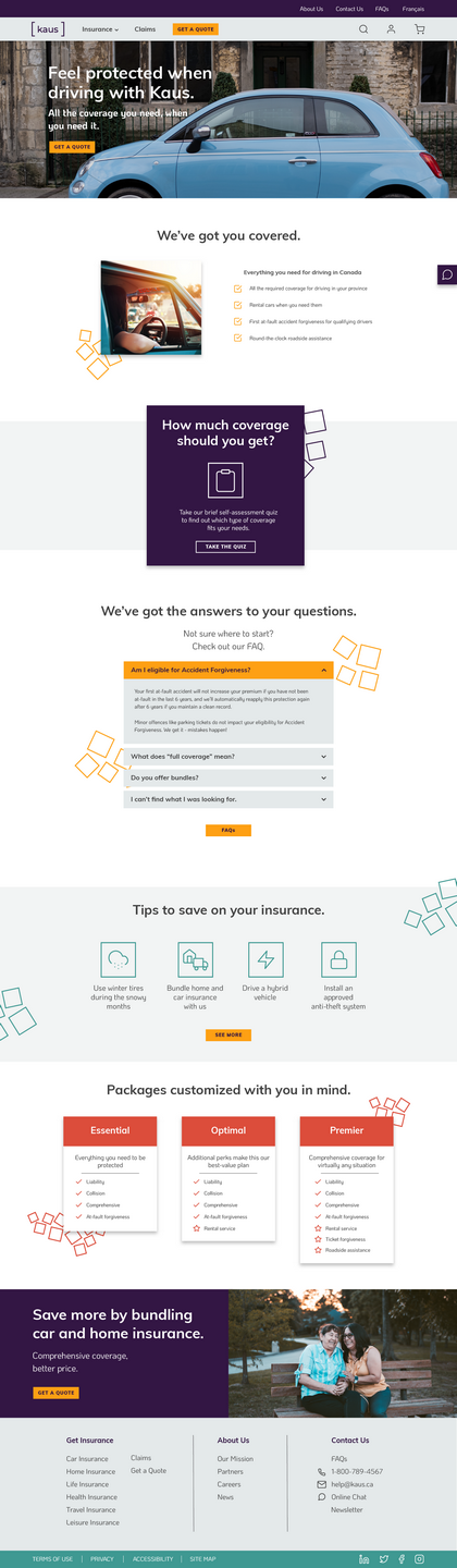 A high fidelity version of the Kaus car insurance page.