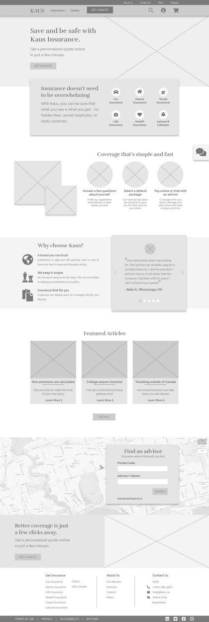 A desktop wireframe of the Kaus homepage.