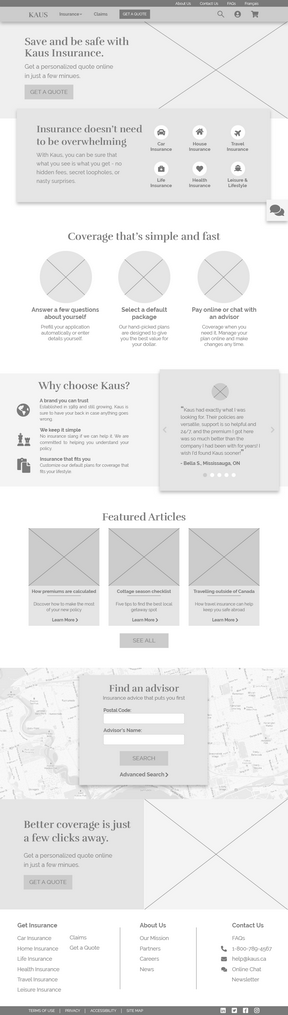 A tablet wireframe of the Kaus homepage.